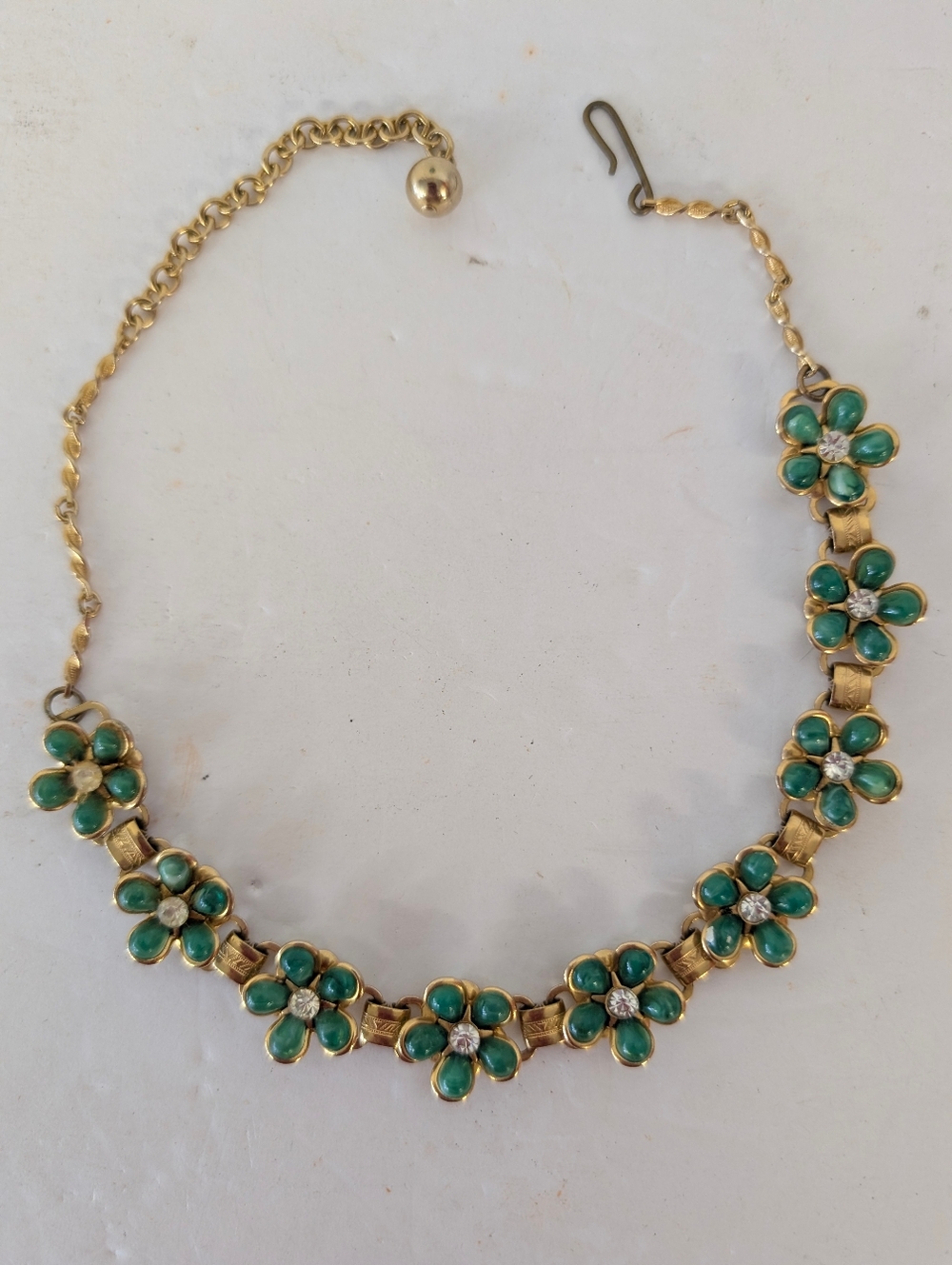 Vintage Green Forget Me Knot Flower Crystal Centers Thermoplastic Lucite